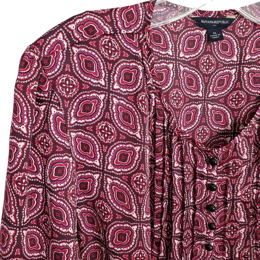 Banana Republic Size XL Blouse Half Button Peasant Puff Sleeve Pullover Maroon